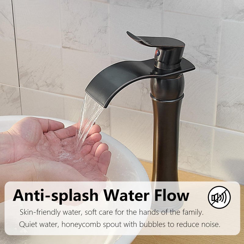 BATHLAVISH Vessel Sink Faucet Oil Rubbed Bronze Waterfall Tall Bathroom Faucet Antique Oiled with Pop Up Drain Assembly Combo Single Handle 1 Hole Bathroom Faucets Vanity Lavatory - Image 3
